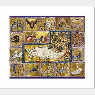 MEDIEVAL BESTIARY, CALADRIUS BIRD,FANTASTIC ANIMALS IN GOLD RED BLUE COLORS Posters and Art